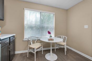 Dining room table in front of a large window.